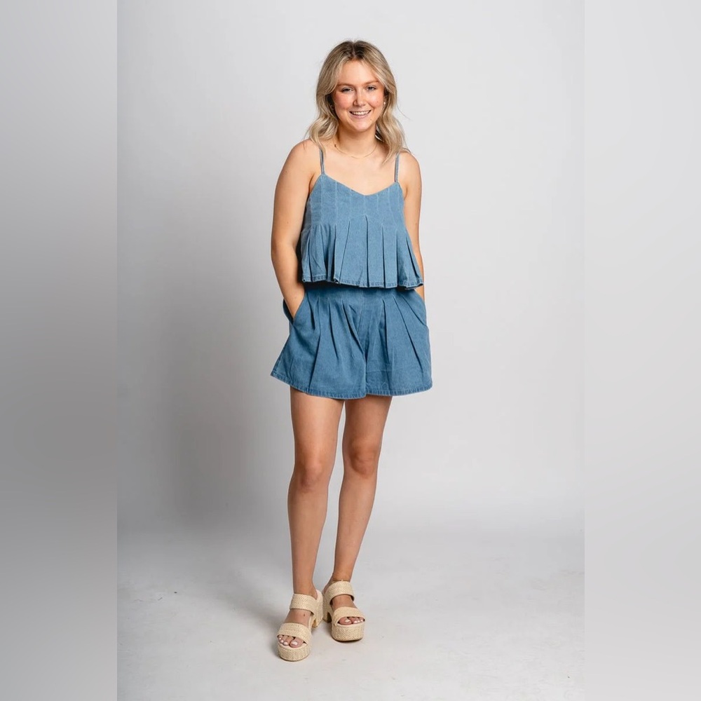 Denim Pleated Top & Skort Set / Medium